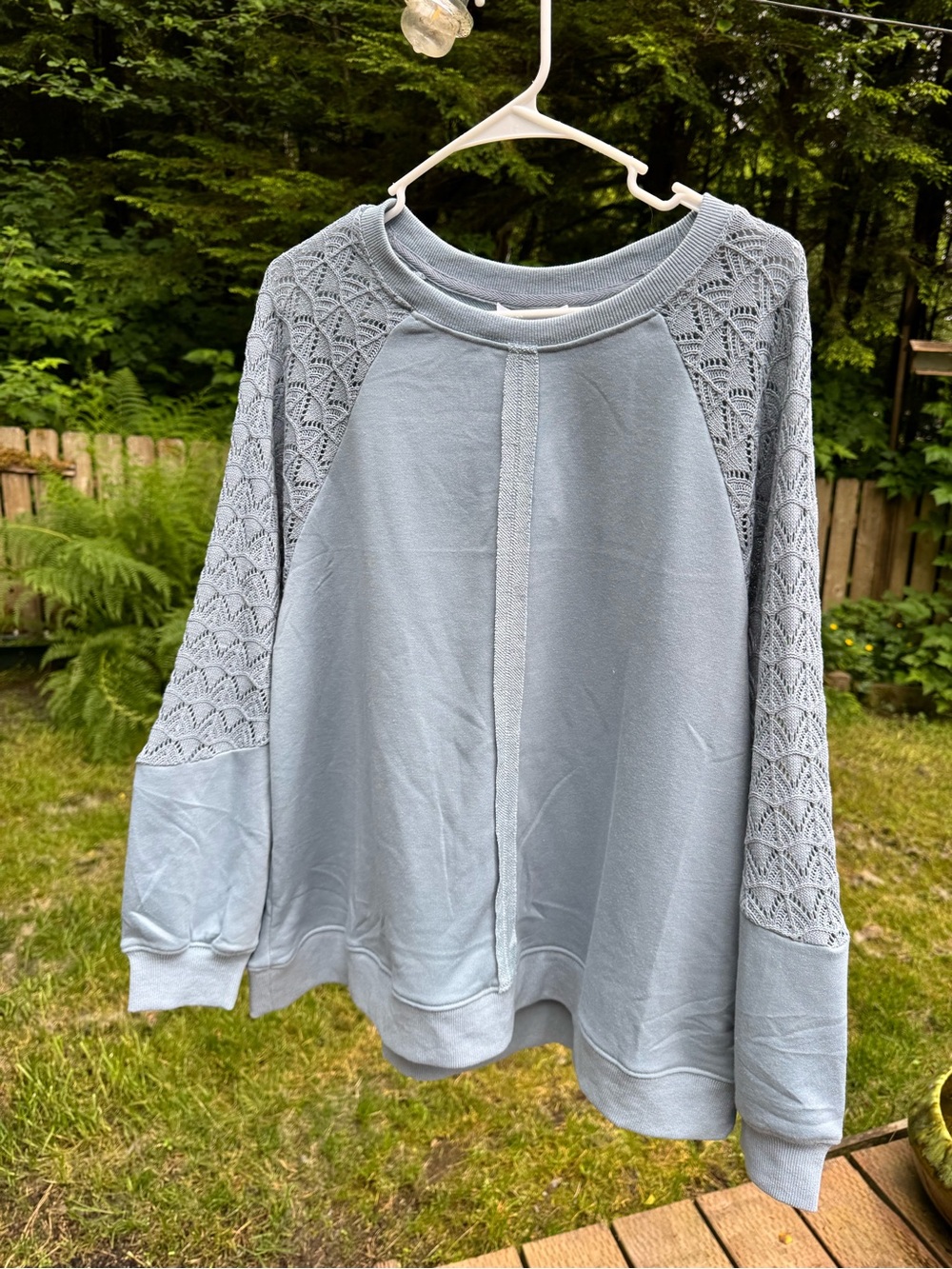 Light Blue Lace Raglan Pullover Sweatshirt - Women's